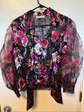 alice + olivia Black Floral Sheer Tie-Neck Blouse - Pink & Purple Floral